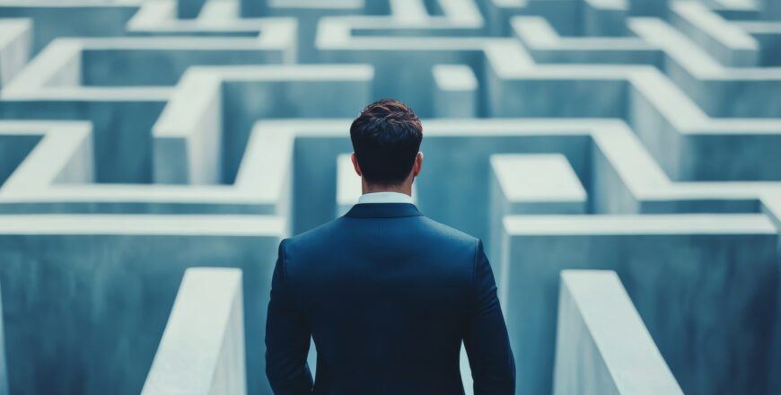 businessman facing a maze representing career or life challenges
