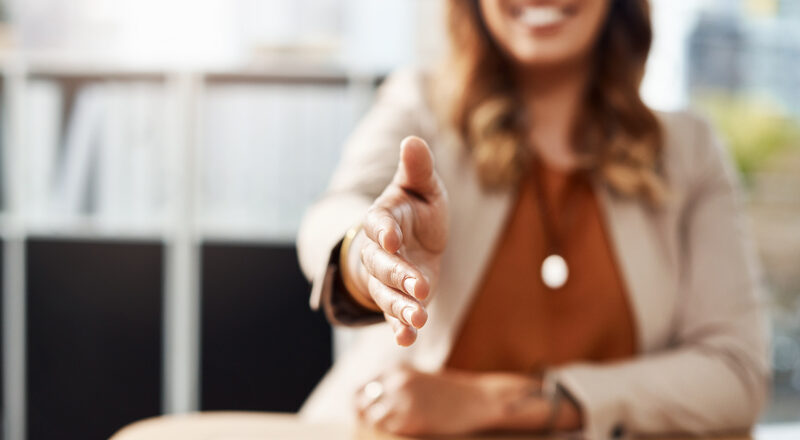 Agreement, business and woman with handshake, thank you and meeting for job interview