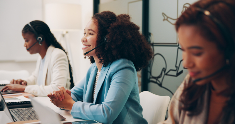 Call center, happiness and woman with laptop, support and customer service email.