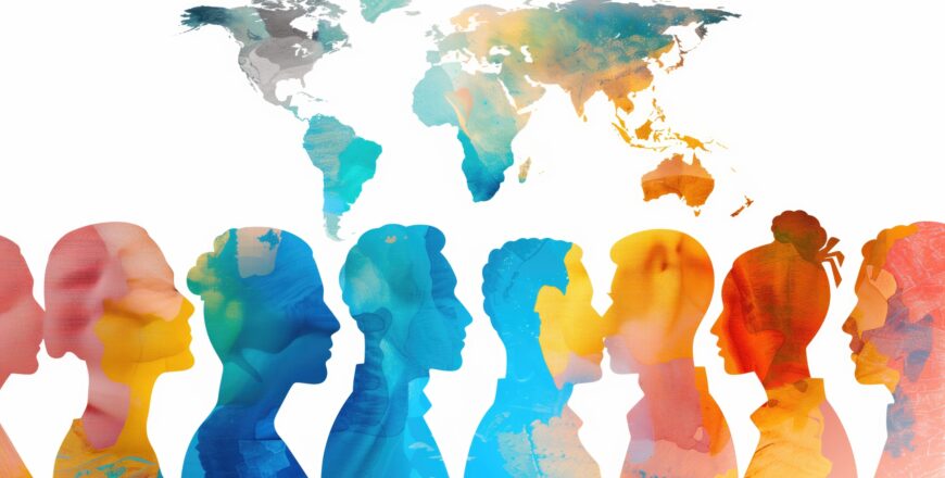 global diversity concept with colorful silhouettes and world map for cultural awareness design.