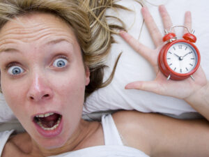 woman waking up late.