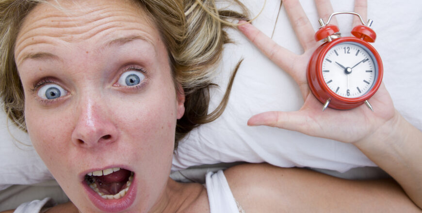 woman waking up late.